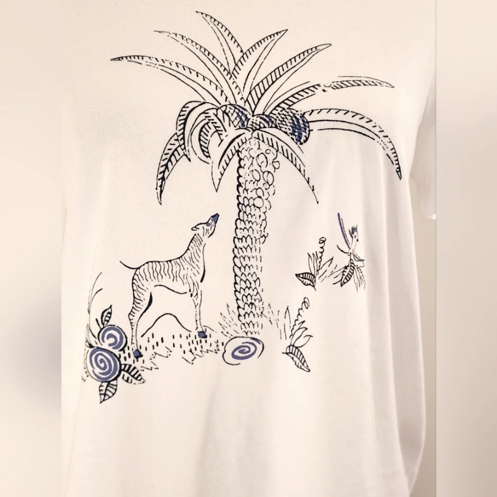 NWT || ANTHROPOLOGIE || Zebra Palm Tree graphic T, white/blue, sz S - Picture 3 of 7